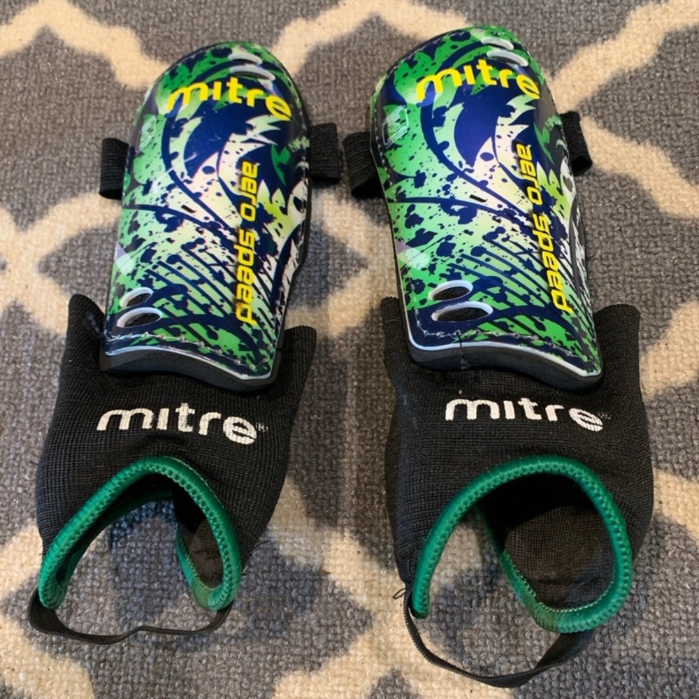 Mitre Green and Blue kids soccer Shin Guards